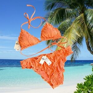 Aerie Tangerine Orange Bikini Perky Triangle Top Ruched Cheeky Bottom Sz M NWT